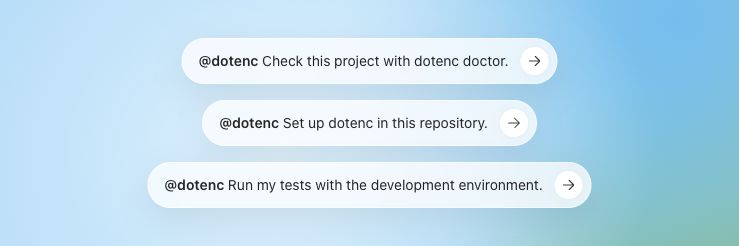 Example prompts in the ChatGPT Plugins Directory: check a project with dotenc doctor, set up dotenc, and run tests with the development environment.